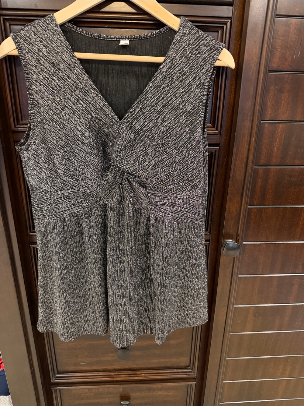 Sleeveless Metallic Knit Twist-Front Dress - Black/Silver